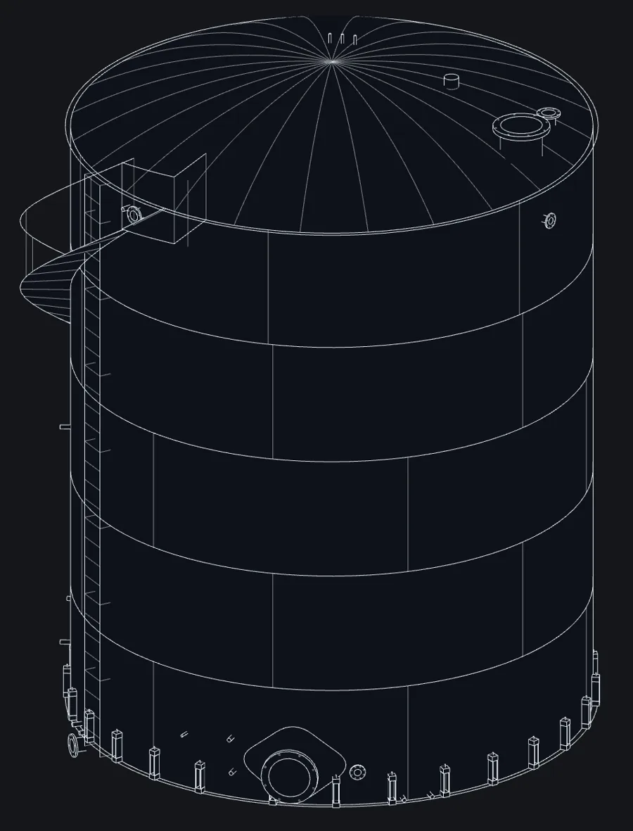 TankForge 3D line model of a storage tank showing shell courses, plate seams, roof rafters, nozzles, a manway, stairs and anchor chairs.